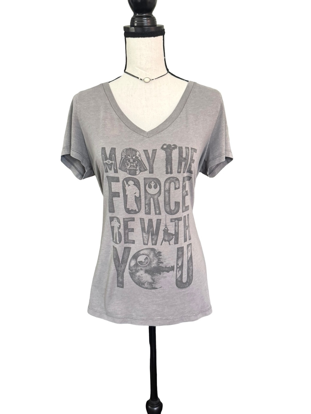 True Vintage Star Wars Tee Women’s Size 0 Gray V Neck May the Force Be With You